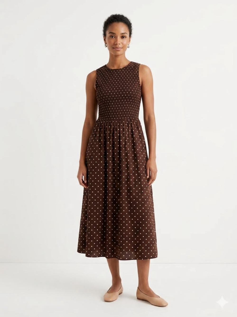Anthropologie Medow Rhodes Brown Polka Dot Sleeveless Midi Dress - Picture 1 of 5